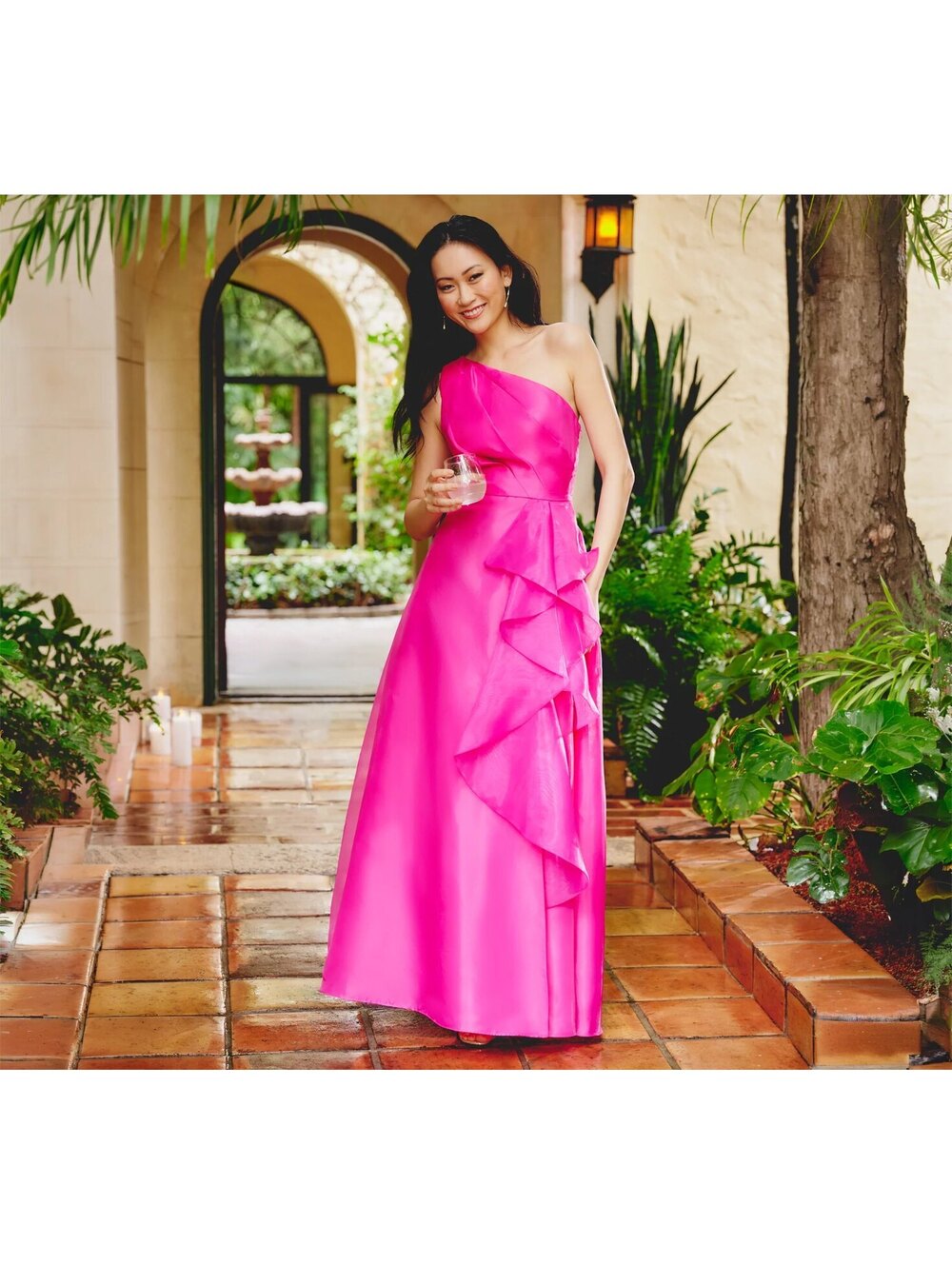 Adrianna Papell Organza One Shoulder Tulle Cascade Gown Lipstick Hot Pink sz 12